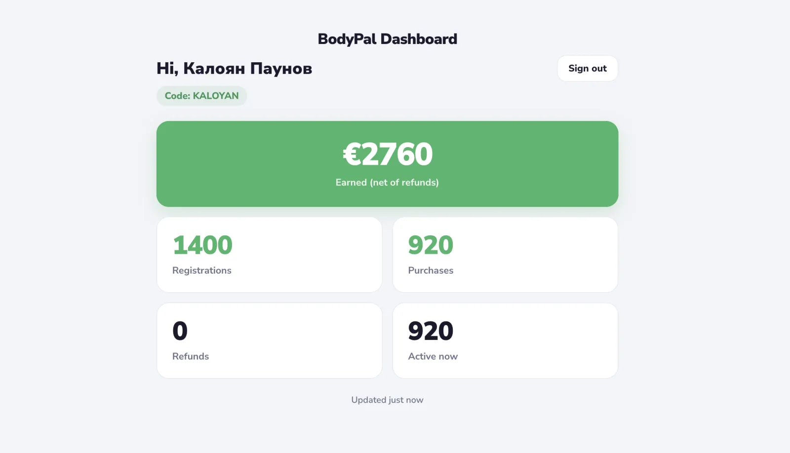 BodyPal партньорски дашборд със спечелена сума, регистрации, покупки и активни абонати