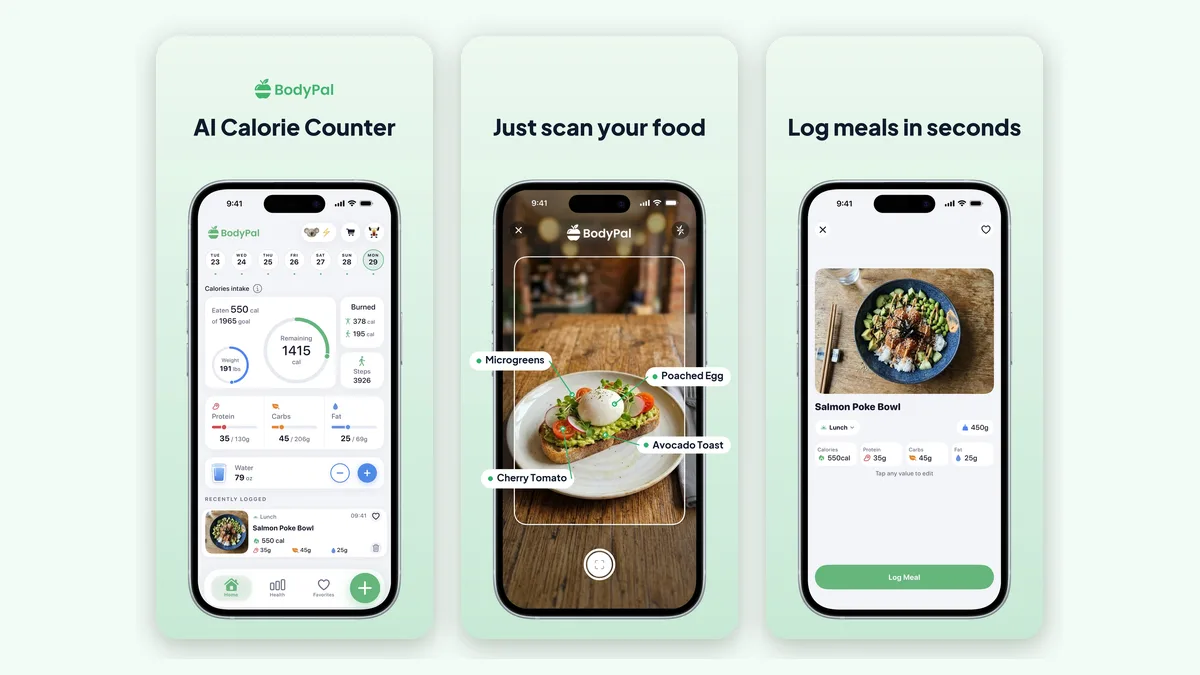 BodyPal — official App Store screenshots: dashboard, AI food scan and meal logging