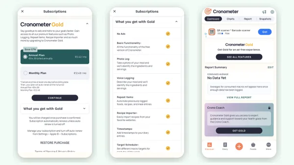 Cronometer Gold subscription and free dashboard screens, October 2026