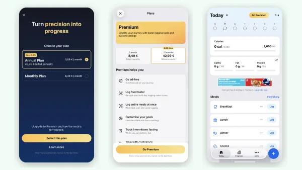MyFitnessPal plans screen and free dashboard with an ad, October 2026
