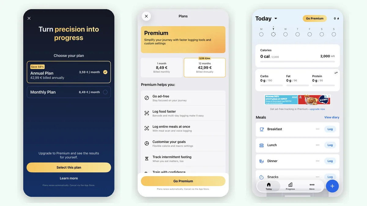 MyFitnessPal app screenshots from October 2026: the Choose your plan screen with the annual plan at 42.99 EUR and monthly at 8.49 EUR, the Premium plans page, and the free Today dashboard with a banner ad and a Go Premium button