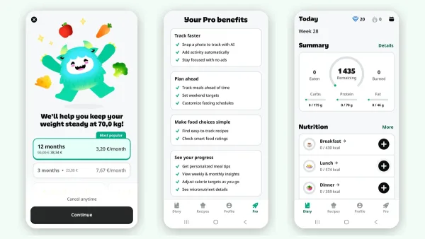 YAZIO PRO paywall and free diary screens, October 2026