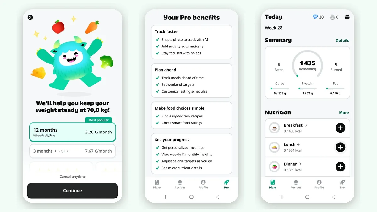 YAZIO app screenshots from October 2026: the PRO paywall with 12 months at 38.34 EUR (crossed-out 92.00 EUR, 3.20 EUR per month) and 3 months at 23.00 EUR, the Pro features screen, and the free diary with calories and macros