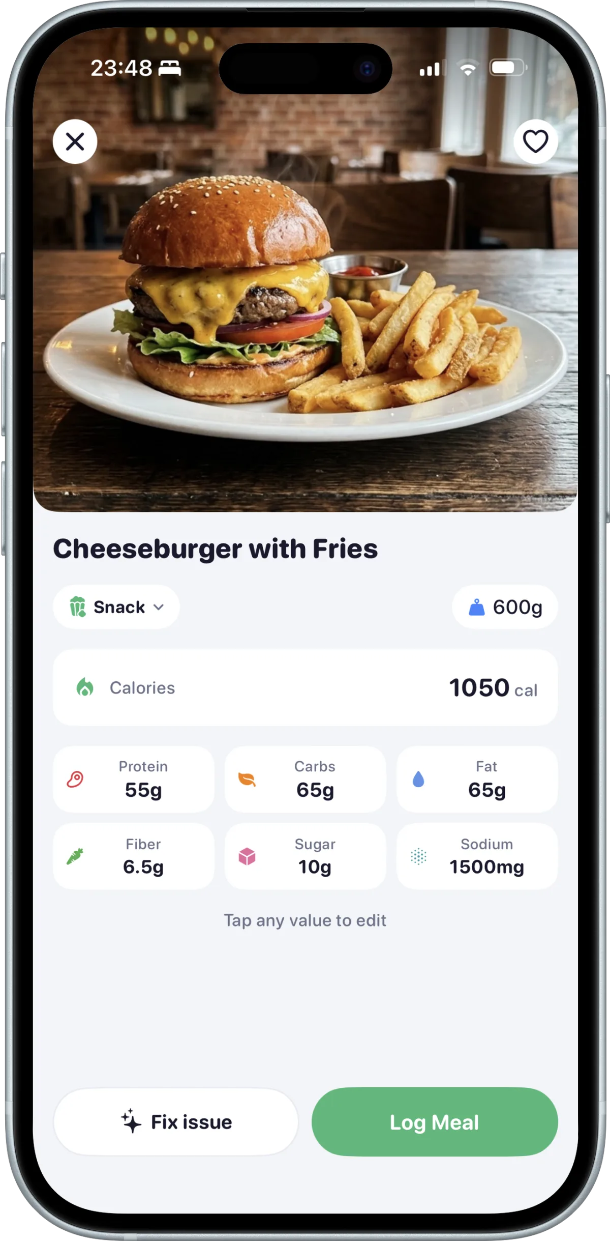 BodyPal result — Cheeseburger with Fries, 1050 calories with protein, carbs, fat, fiber, sugar and sodium
