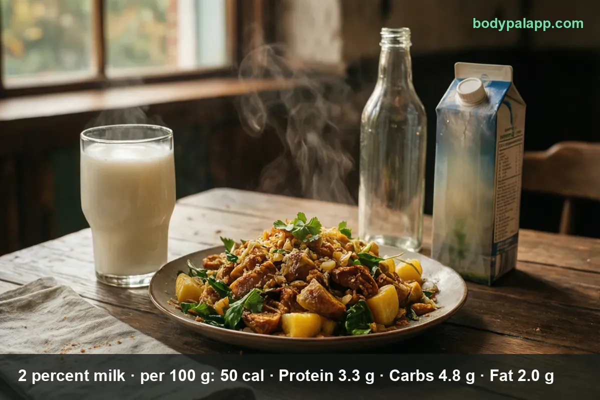 Glass of 2 percent milk beside a plate of fried meat with pineapple, an empty bottle and a milk carton
