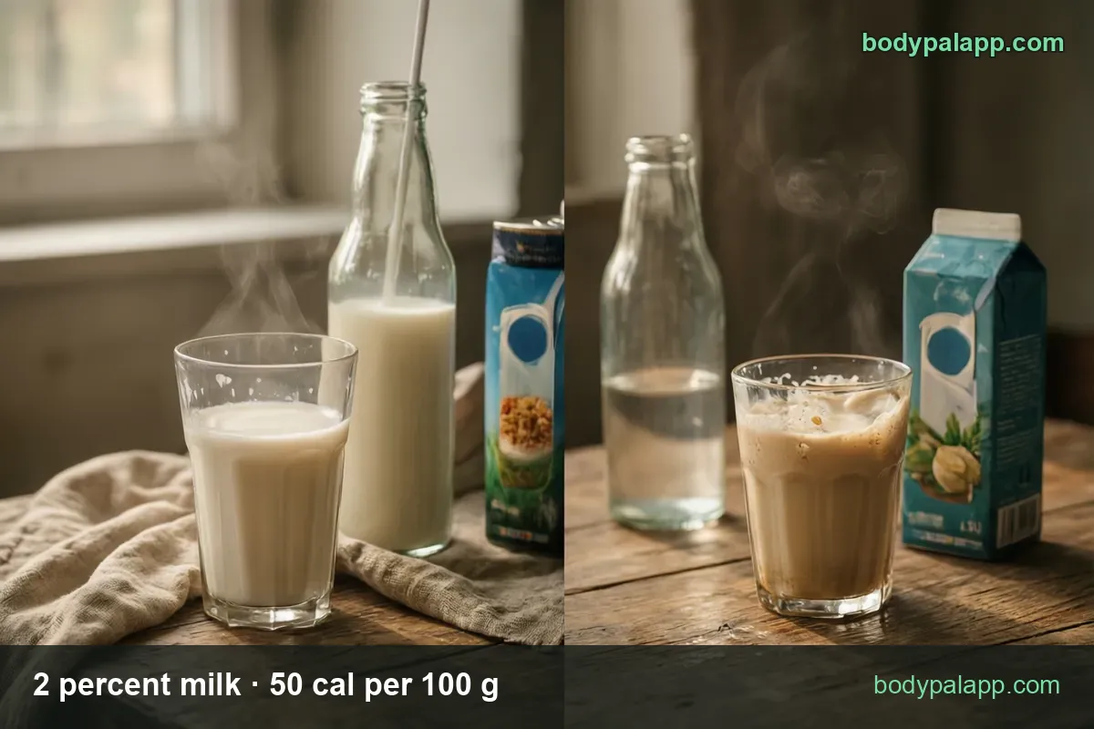 Glass of milk, bottle with a straw and a carton next to a brown milky coffee drink; 1 cup 122 cal and half cup 61 cal