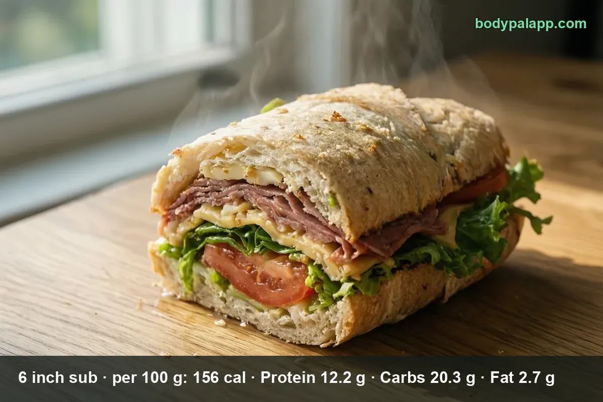 Half of a 6 inch roast beef sub in cross-section on a wooden board, steam rising from the cheese, lettuce and tomato filling.