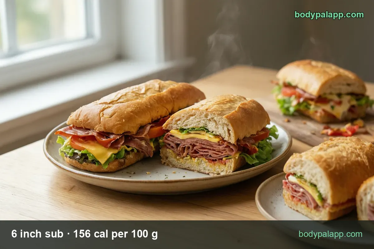 Plate with a whole 6 inch roast beef sub and a cut half, two more halves beside it: 6 inch sub 190 g 296 cal, half 95 g 148 cal.
