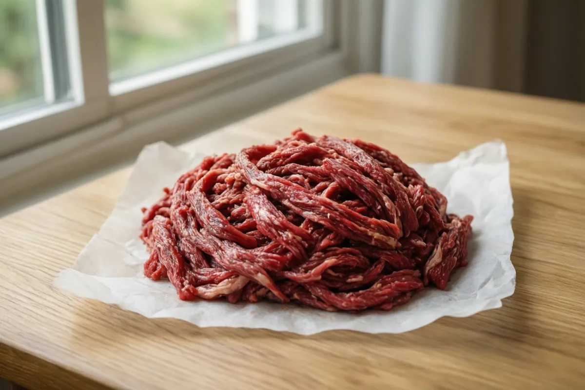 Raw 85/15 ground beef with its calorie and protein figures