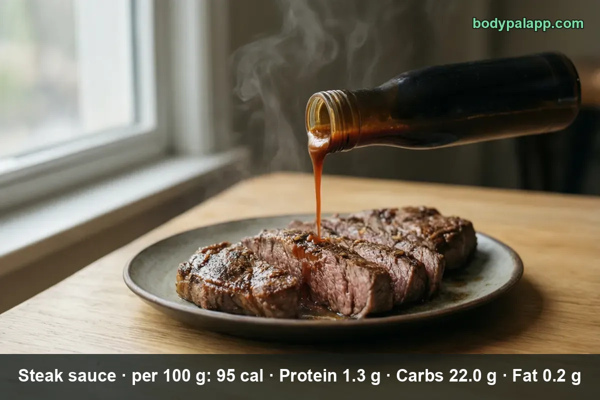 Unlabeled dark glass bottle pouring steak sauce over sliced steak on a plate
