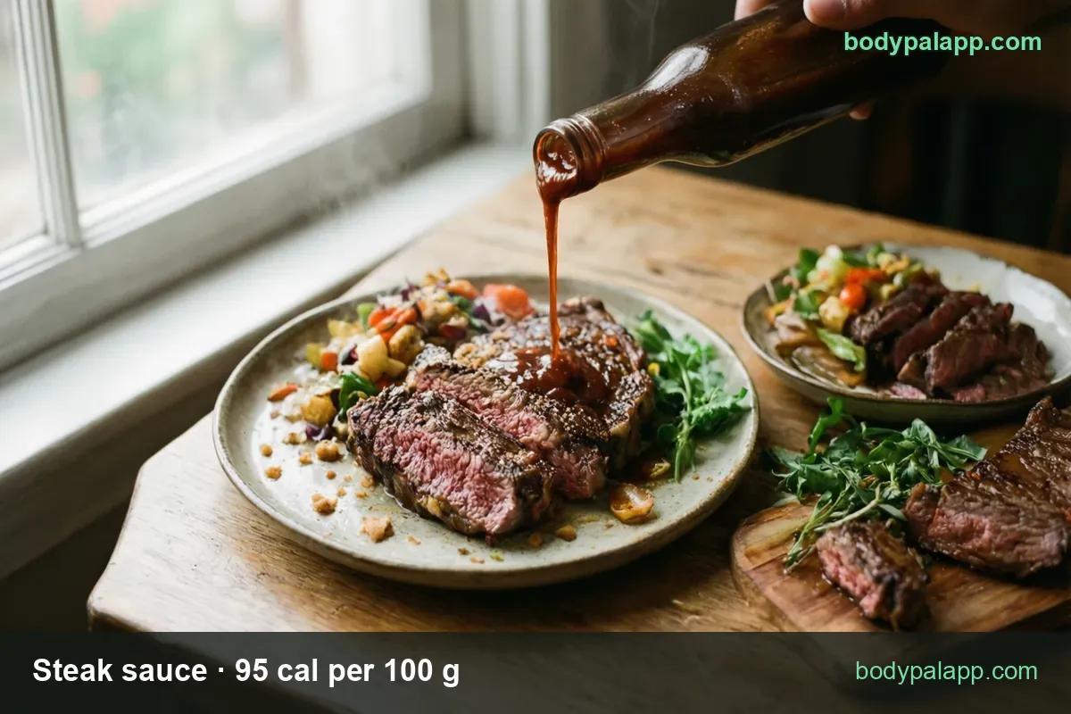 Unlabeled bottle pouring sauce over sliced steak with vegetables; chips show 1 tablespoon 16 cal and 2 tablespoons 32 cal