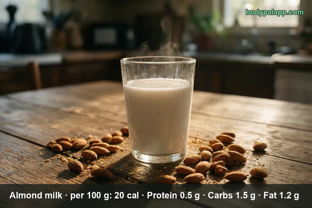 Glass of almond milk with whole almonds scattered around it