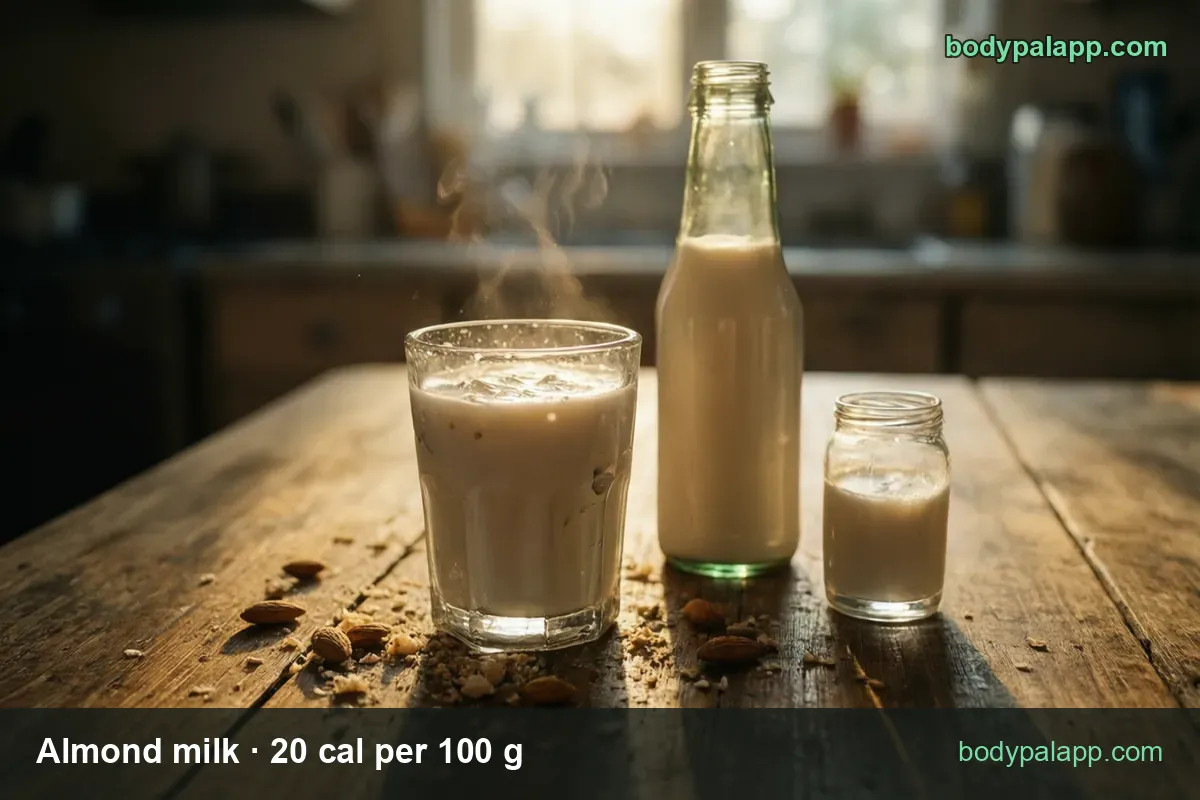 Tall glass of almond milk, glass milk bottle and small jar with almonds on a table, 1 cup 49 cal and 1/2 cup 24 cal