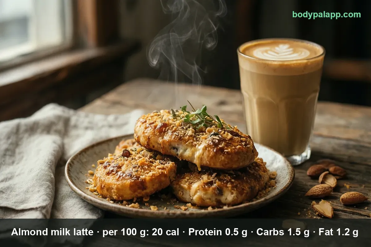 Almond milk latte with latte art in a cup beside a plate of three granola cookies