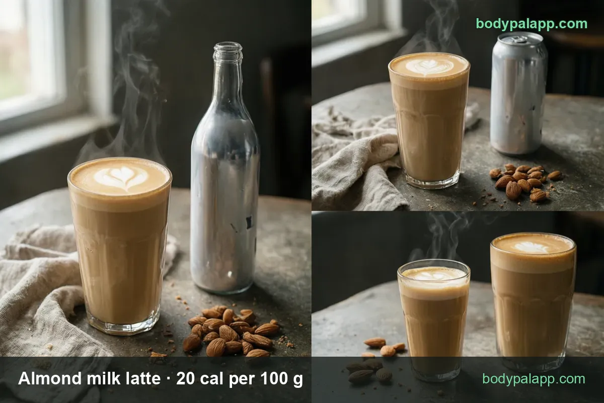 Almond milk lattes next to a plain silver bottle and whole almonds, chips reading 12 fl oz 61 cal and 16 fl oz 85 cal