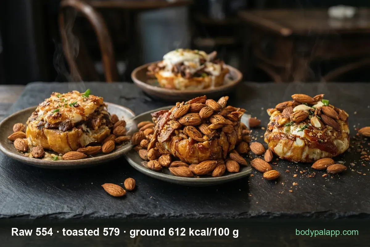 Whole, toasted and flaked almonds calories per 100 g – 554 vs 579 vs 612