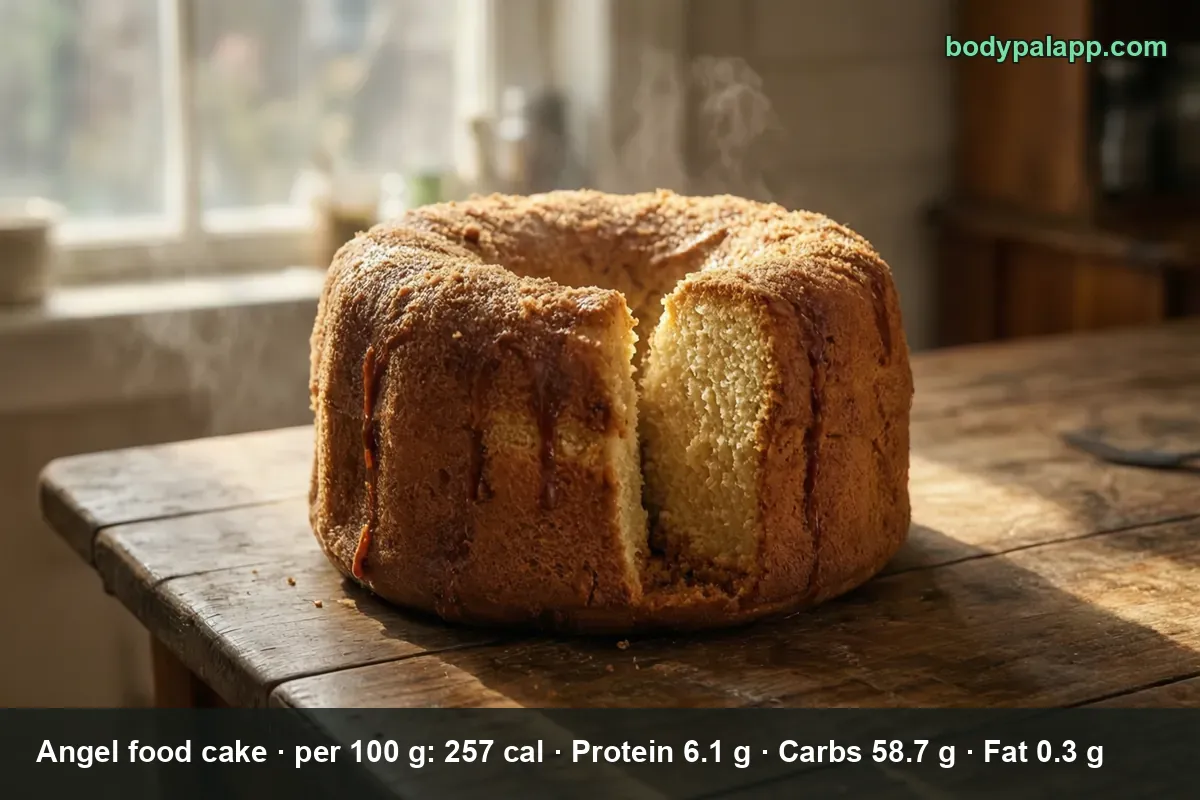 Whole angel food ring cake with a wedge cut out, deep golden crust with syrup drips down the sides, steam rising.