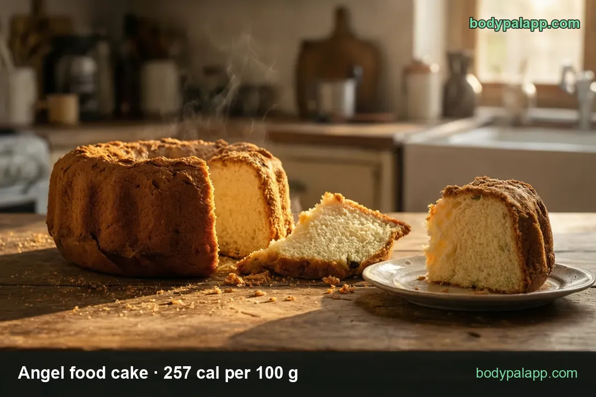 Angel food ring cake with a cut wedge, a slice on the table and one on a small plate, pale crumb; 1 slice (60 g) 154 cal, 1 cup (50 g) 129 cal.