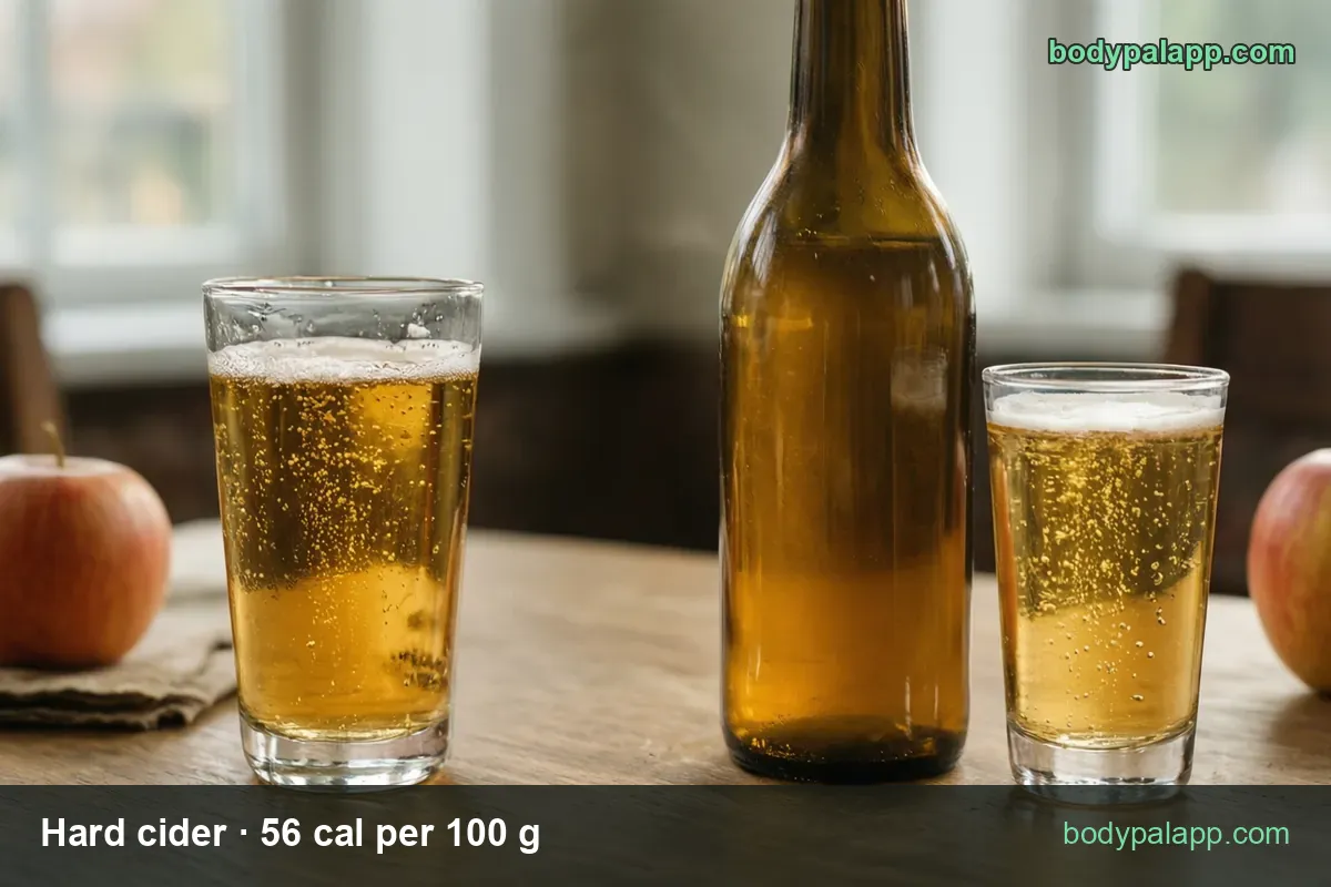 Brown glass bottle, a full pint and a smaller glass of golden cider with two apples: pint 480 g 269 cal, bottle 360 g 202 cal