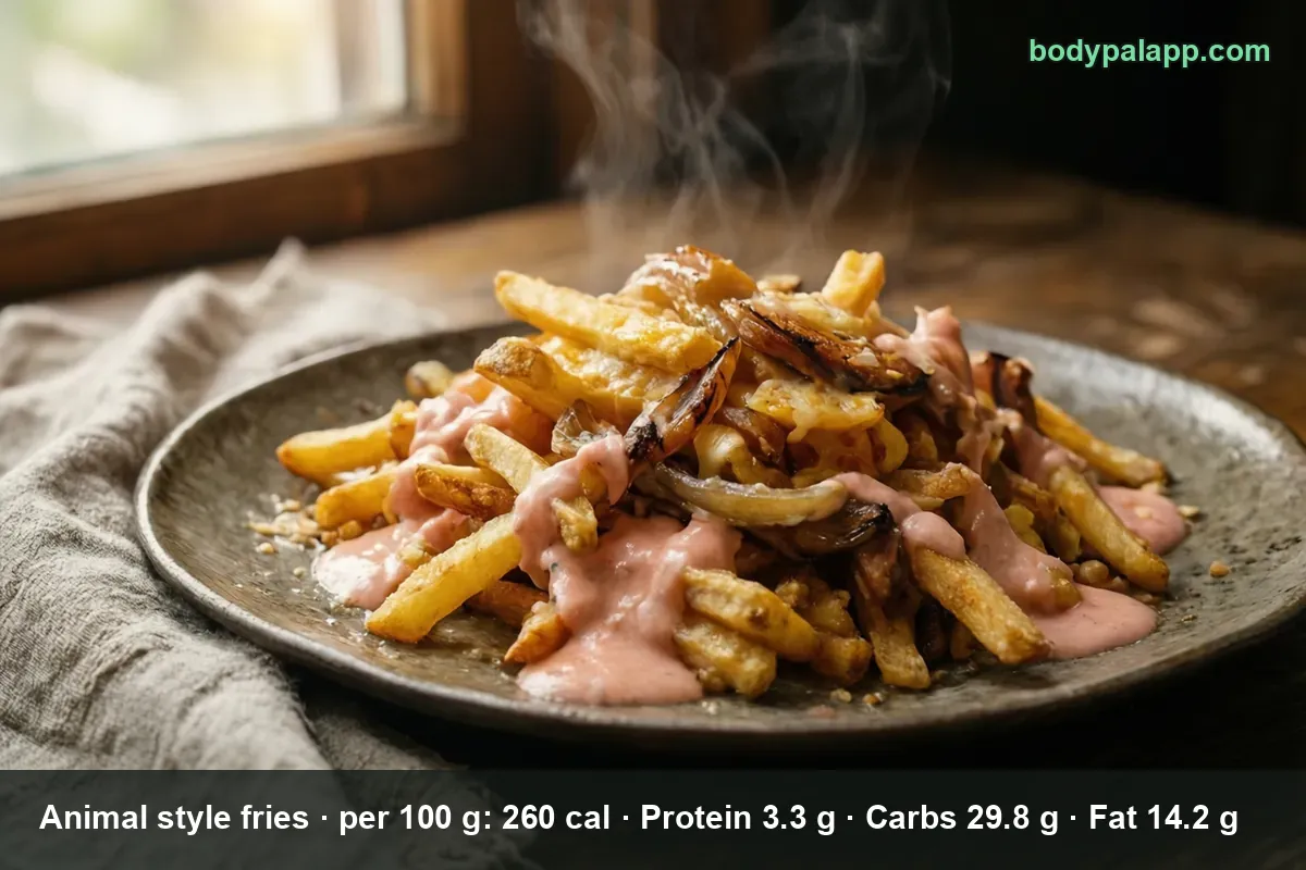 Plate of animal style fries with melted cheese, caramelized onions and pink spread, steam rising.