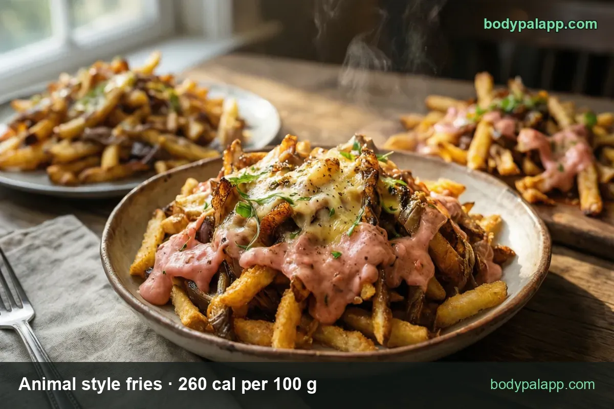 Bowl of cheese fries with onions and pink spread, two plates behind; 222 g order 577 cal, 1 cup 92 g 239 cal.
