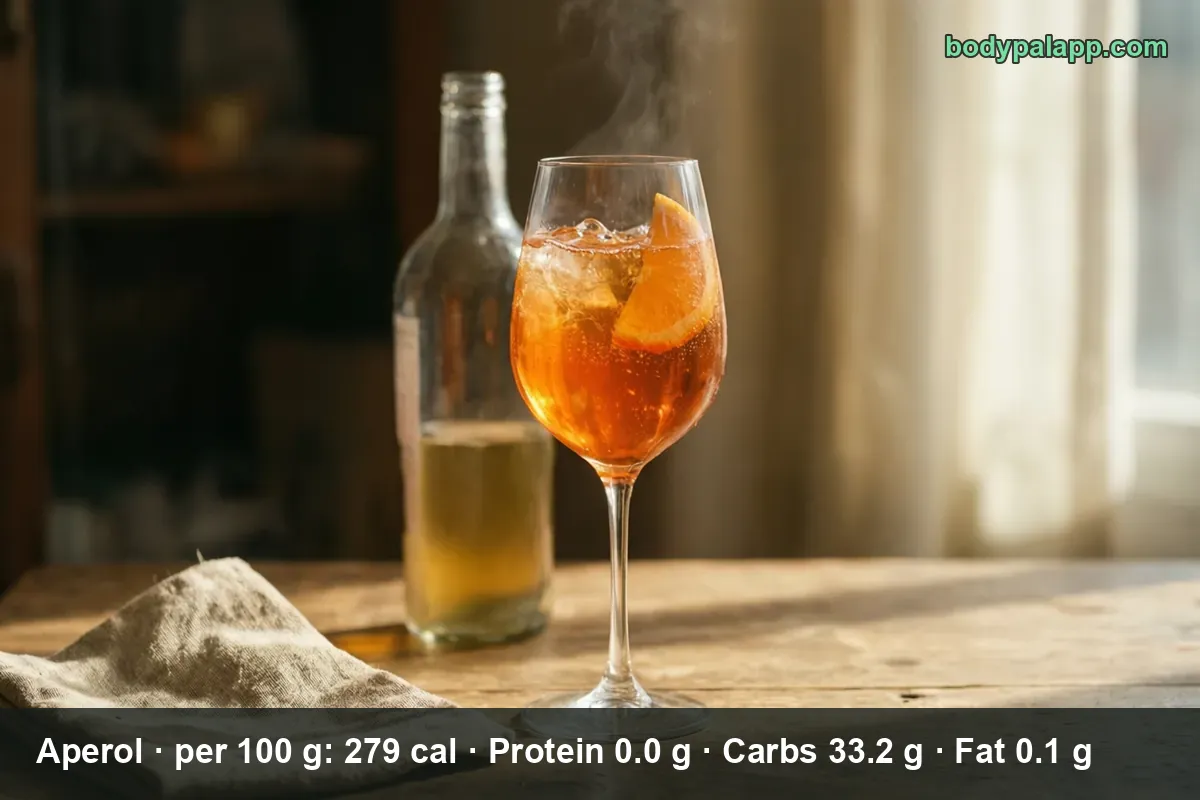 Aperol Spritz in a wine glass with ice and an orange slice, an unlabeled clear bottle blurred behind it