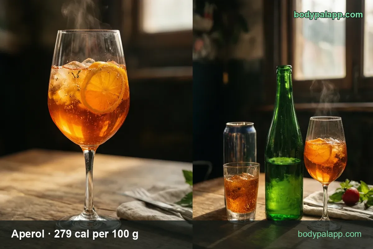 Spritz glass with orange slice, unlabeled green bottle, plain can and a tumbler; chips 1 drink 68 g 190 cal, 1 shot 45 g 126 cal