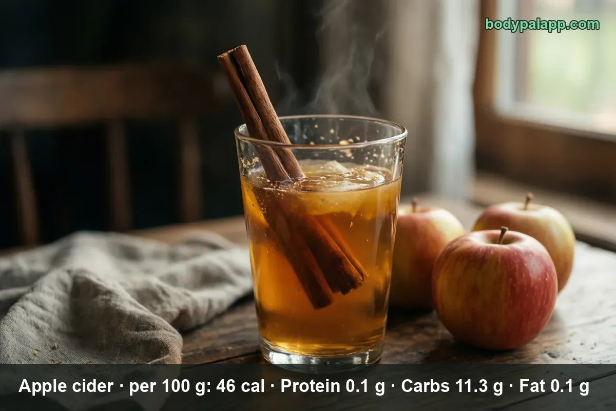 Warm apple cider in a mug with two cinnamon sticks and steam, three apples beside it