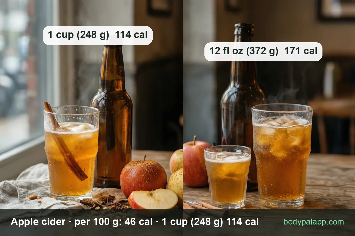 Iced apple cider in a tall glass and two smaller glasses by a bottle: 1 cup (248 g) 114 cal, 12 fl oz (372 g) 171 cal