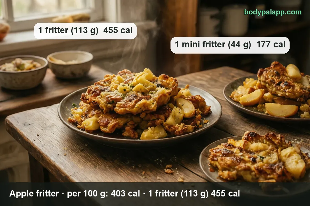 Plates of fried golden dough pieces with pale apple slices - 1 fritter (113 g) 455 cal, 1 mini fritter (44 g) 177 cal.