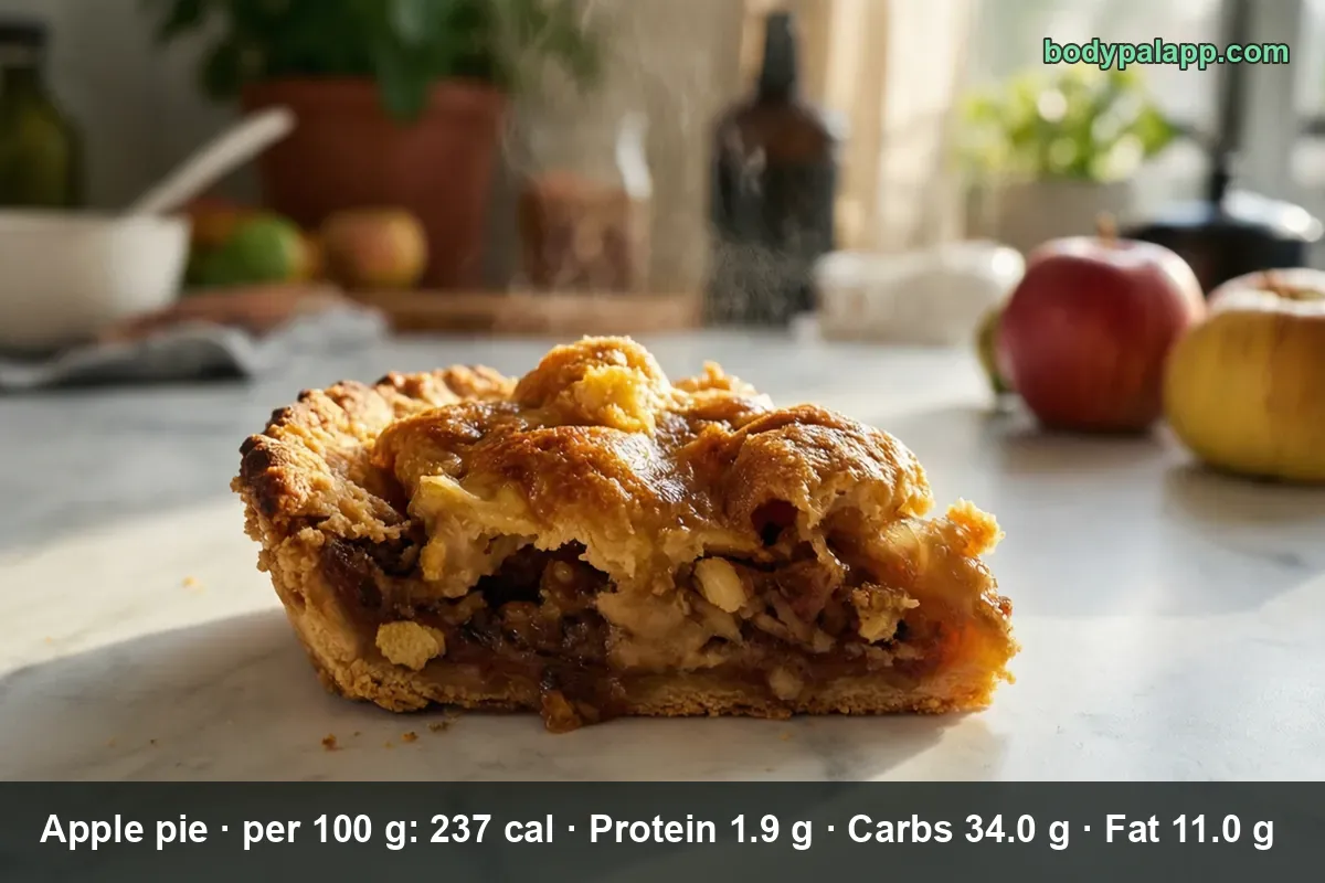 Slice of apple pie cut open showing apple filling and golden crust, steam rising, two apples blurred behind.