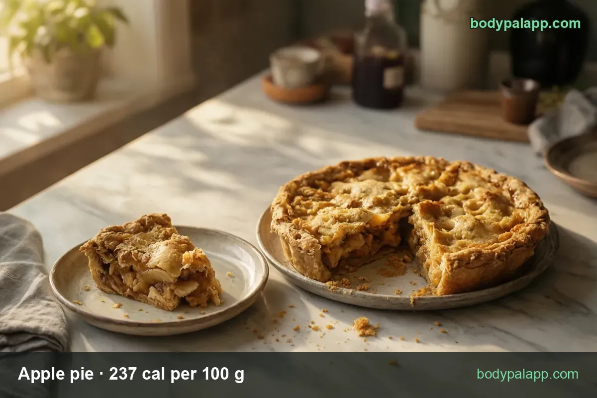 Whole double-crust apple pie with a wedge cut out and a slice on a small plate; chips 1 slice 125 g 296 cal and 117 g 277 cal.