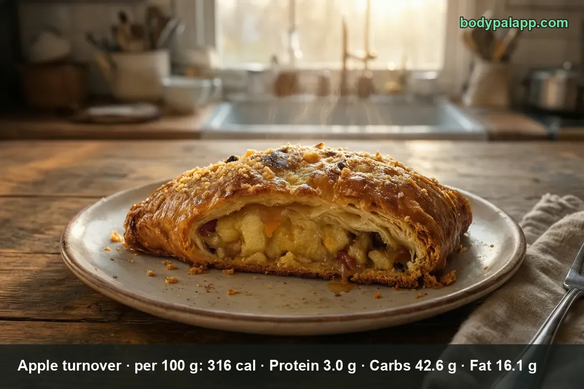 One apple turnover on a plate, cut open to show the apple filling, crumbs on top and steam rising.