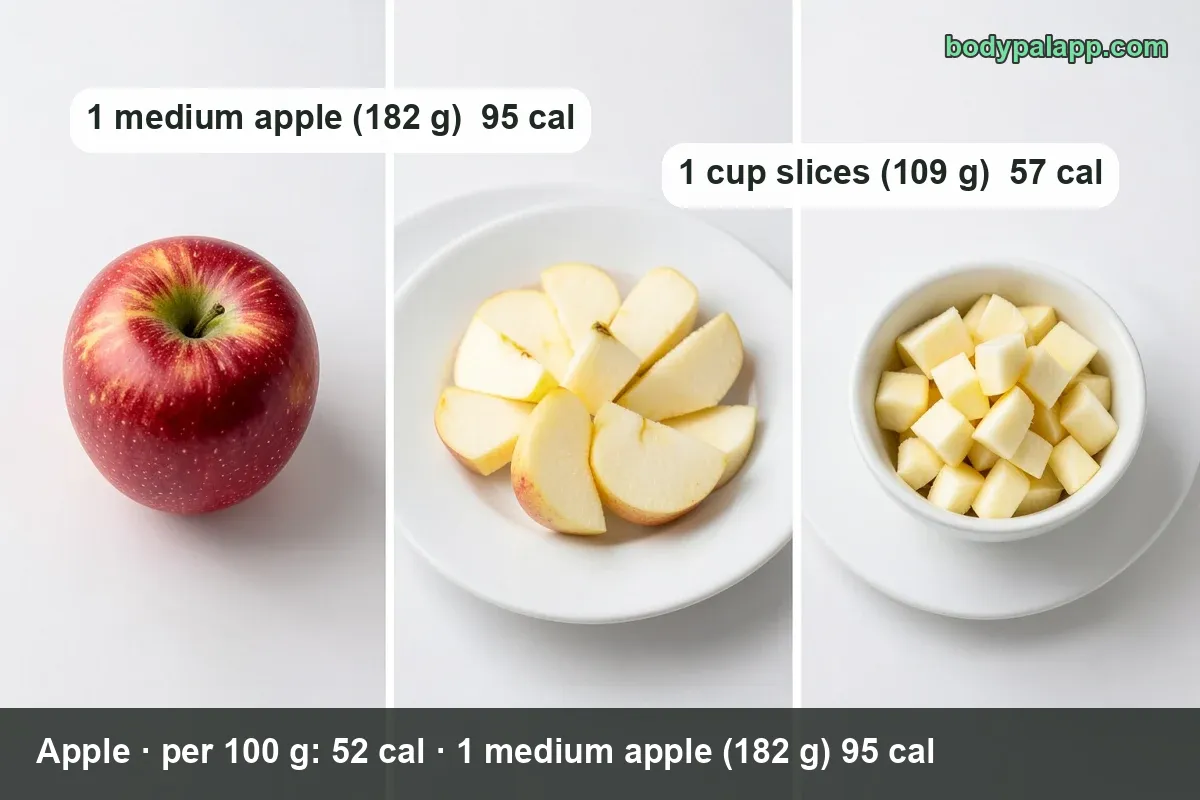 Halved, quartered and sliced red apples, one slice in a small bowl; 1 medium apple (182 g) 95 cal, 1 cup slices (109 g) 57 cal