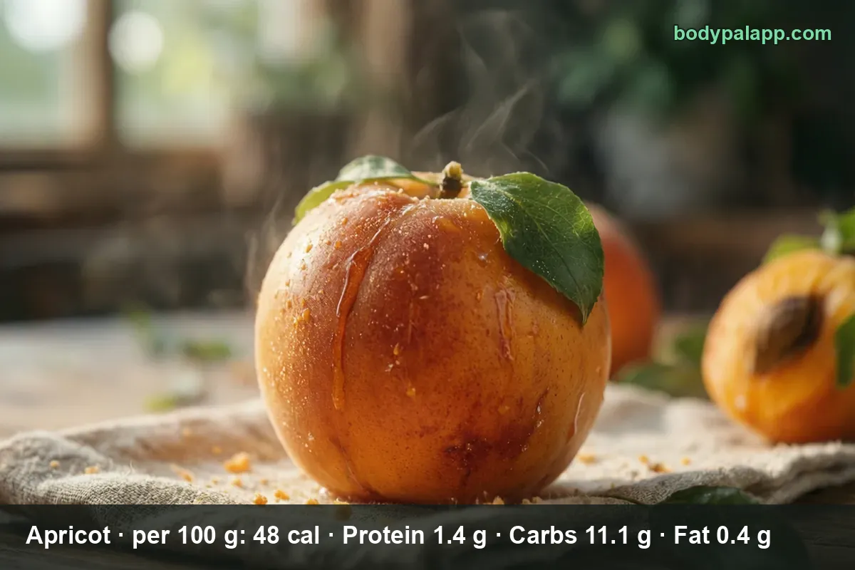 Close-up of a glossy whole fresh apricot with leaves, a second apricot behind it and light steam.