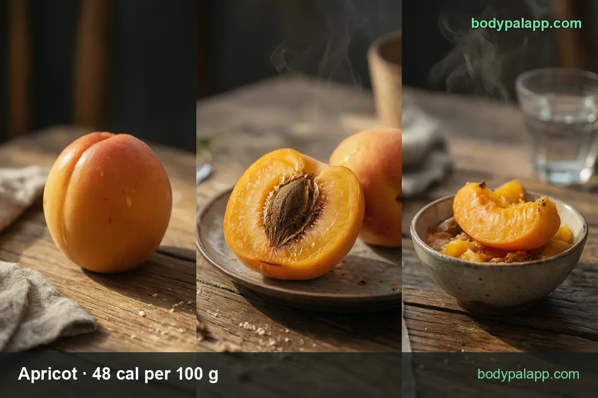 Whole apricot on wood, a halved apricot with pit on a plate, and a bowl of apricot slices in syrup.
