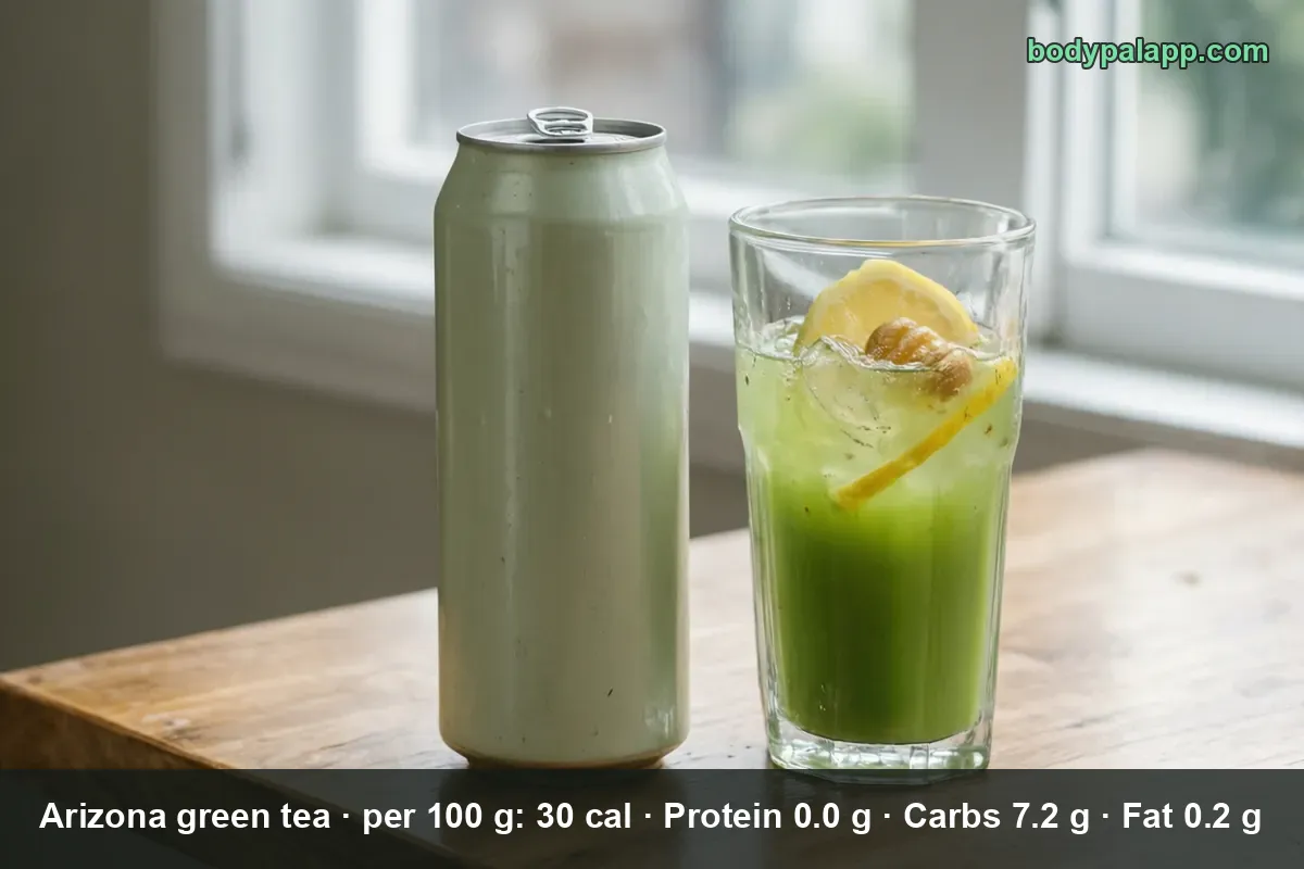Tall unbranded light-green can beside a glass of iced green tea with lemon slices