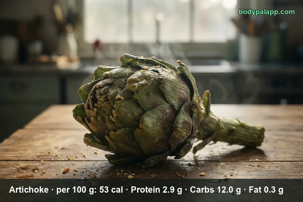 Whole raw artichoke with stem on a wooden table, steam rising