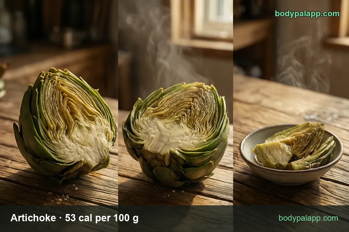 Halved artichoke showing leaves and heart, second half beside it, bowl of boiled artichoke hearts; 1 whole artichoke 125 g 66 cal, 1 cup 150 g 80 cal