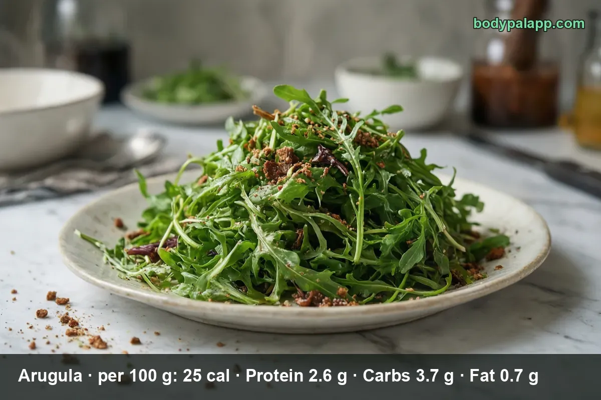 Pile of fresh arugula leaves on a plate with crumbs and pieces of sun-dried tomato.