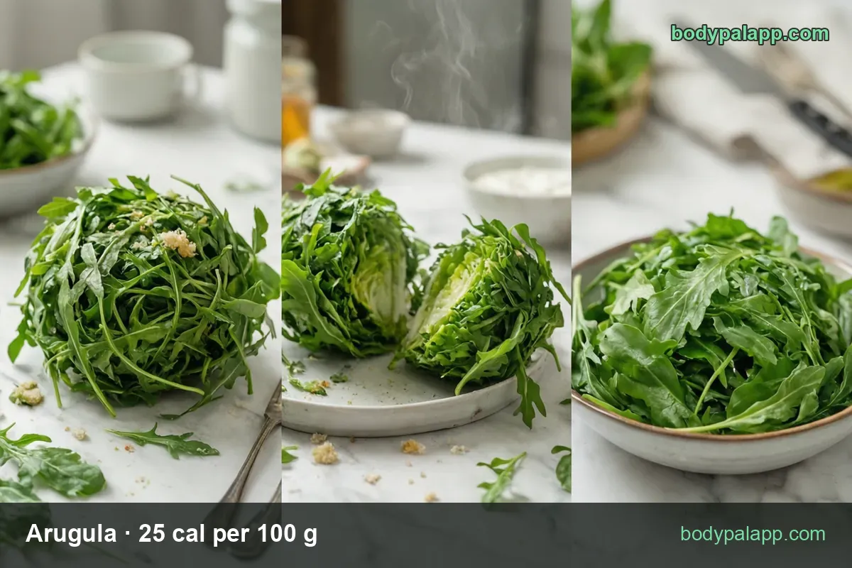 Fresh arugula leaves in a bowl and loose on a table, labeled 1 cup (20 g) 5 cal and 2 cups (40 g) 10 cal.