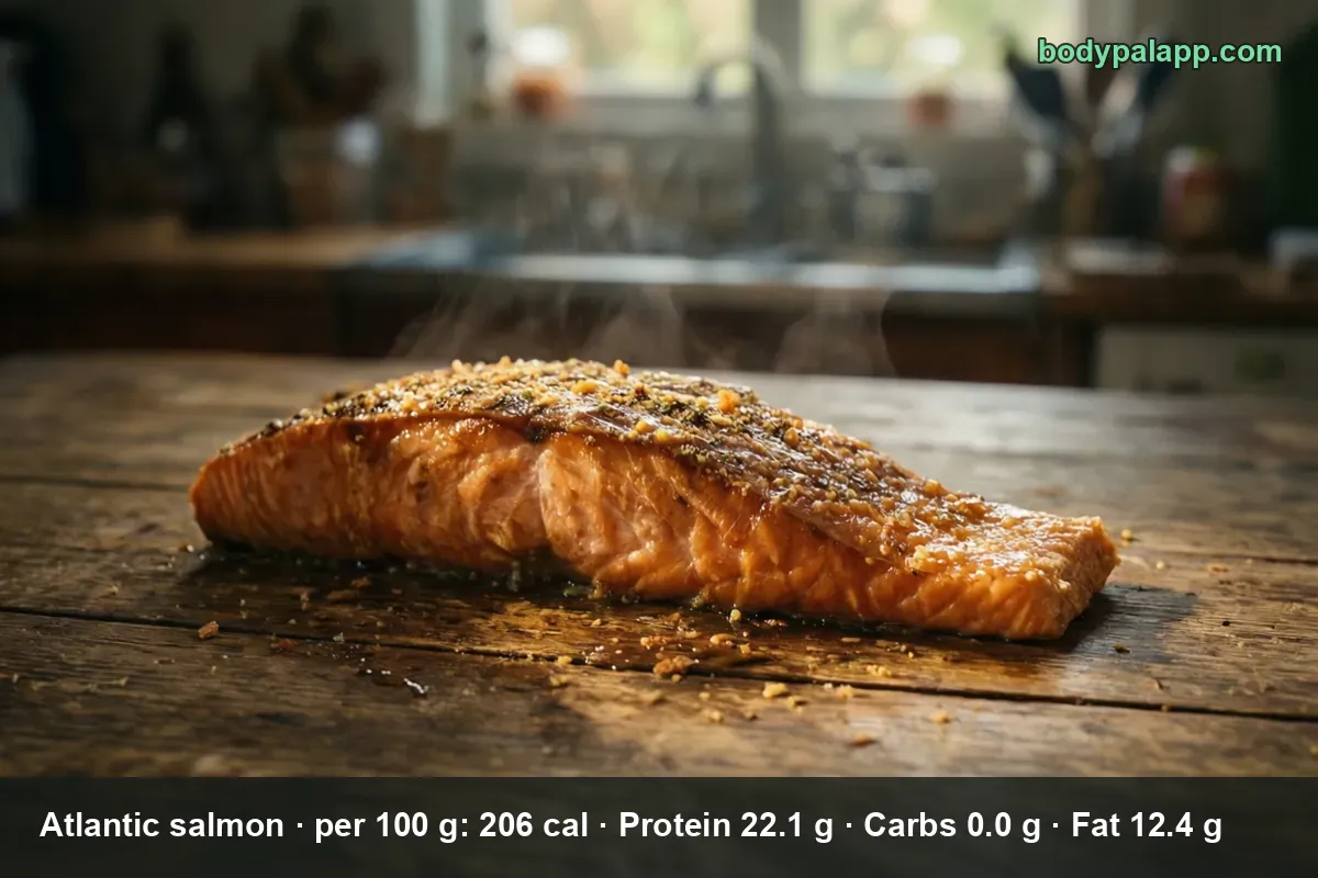 Baked Atlantic salmon fillet with seasoning, steam rising, on a wooden surface