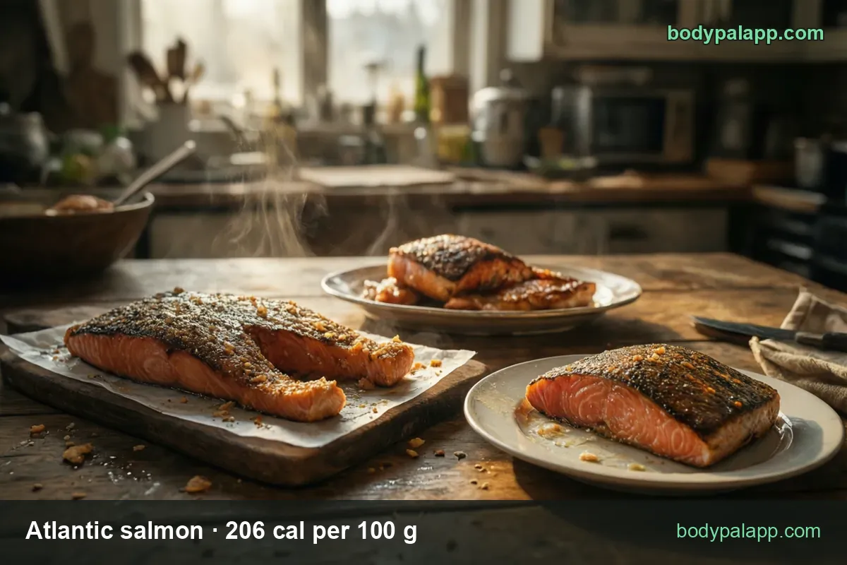 Baked Atlantic salmon fillets with crisp skin, one cut piece; 1 baked fillet 178 g and 3 oz 85 g portions