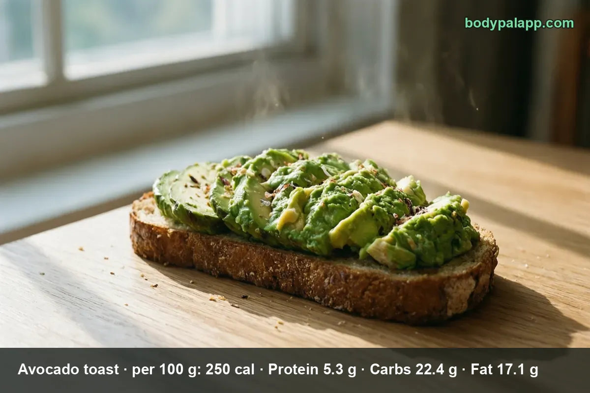 One slice of toasted whole-grain bread topped with sliced and mashed avocado, steam rising, on a wooden table.