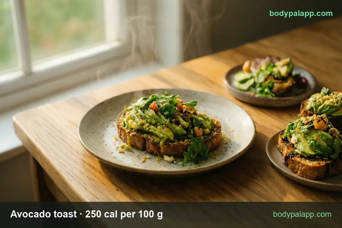 Three plates of avocado toast with greens and tomato, labeled 1 tray (76 g) 190 cal and 1 oz (28.3 g) 71 cal.