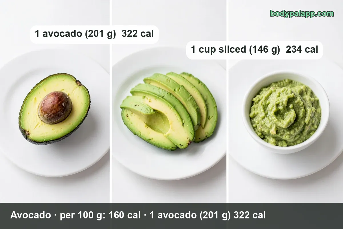 Bowl of sliced avocado with tomato pieces, chips reading 1 avocado (201 g) 322 cal and 1 cup sliced (146 g) 234 cal
