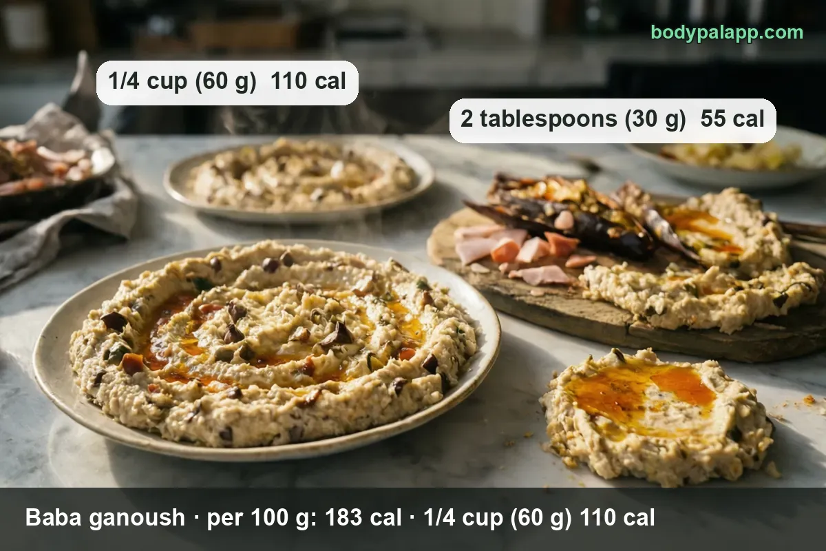 Baba ganoush servings on plates, a bowl and a board with roasted eggplant halves; 1/4 cup (60 g) 110 cal and 2 tbsp (30 g) 55 cal.
