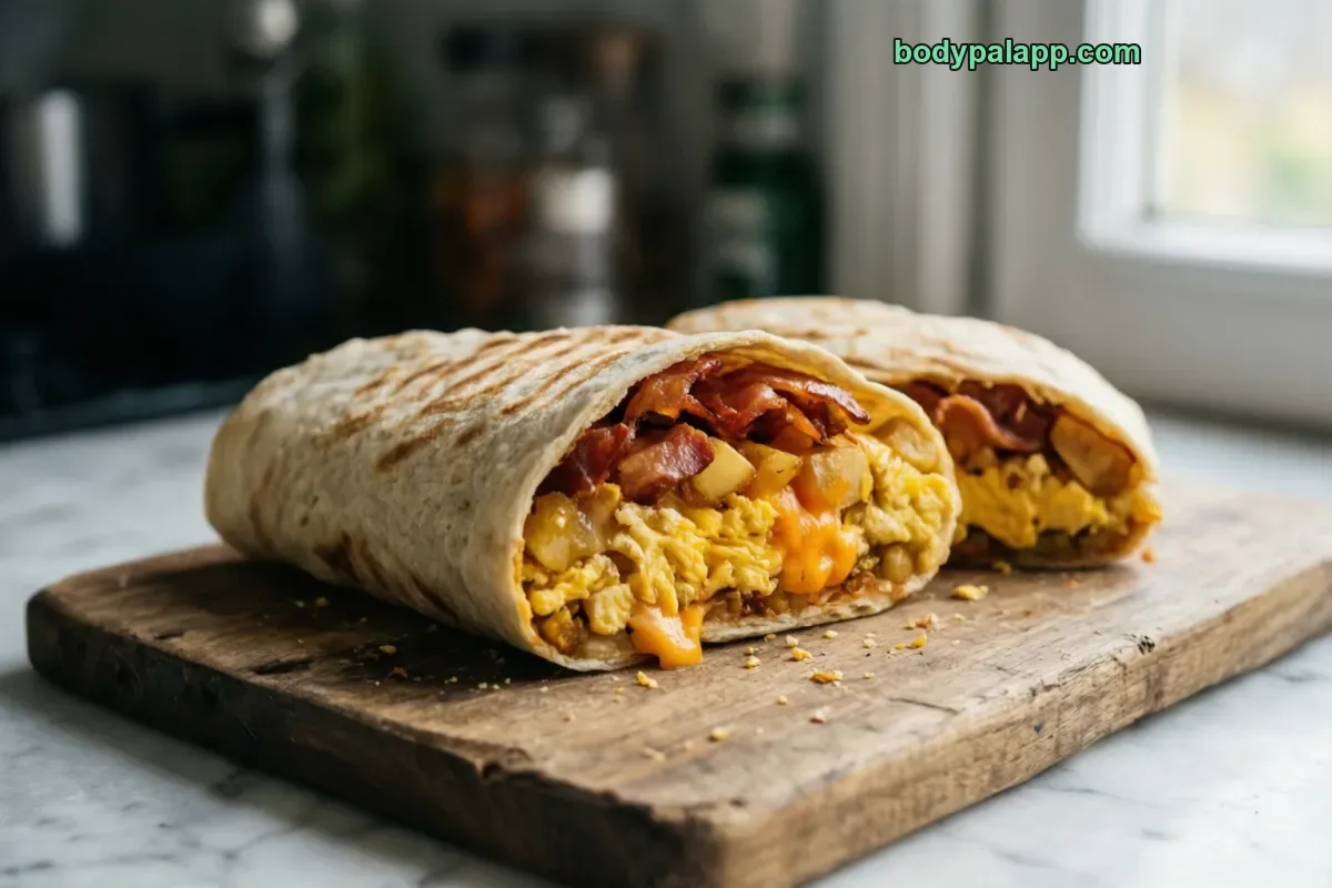 Bacon breakfast burrito, egg and bacon filling