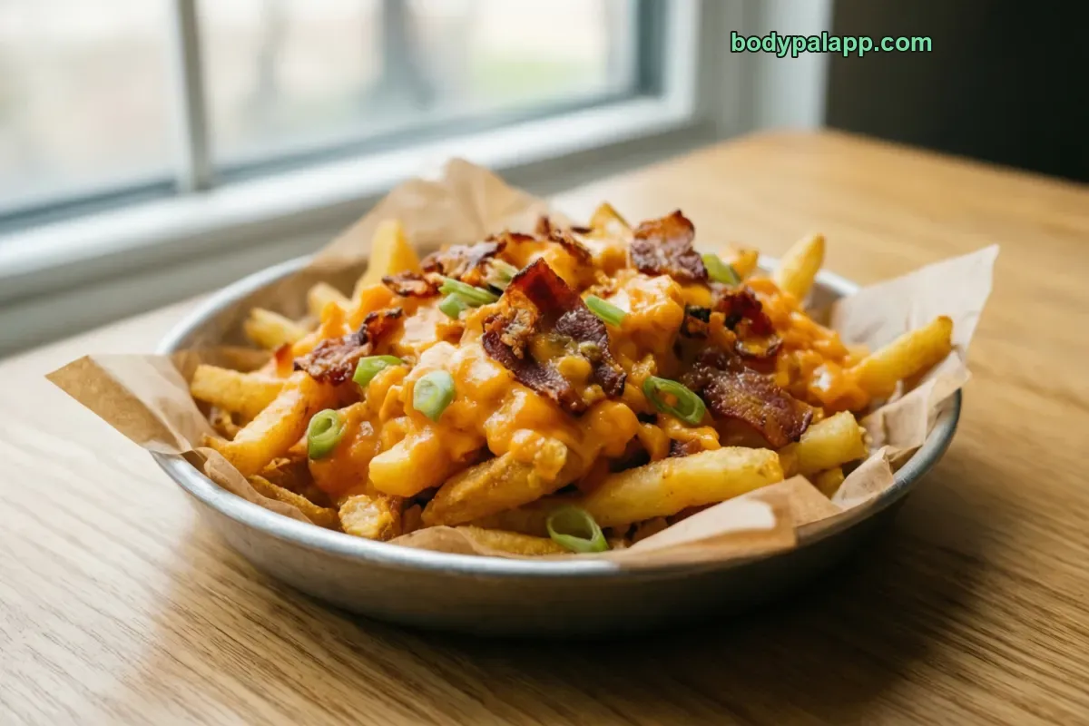 Bacon cheese fries, packaged, per label