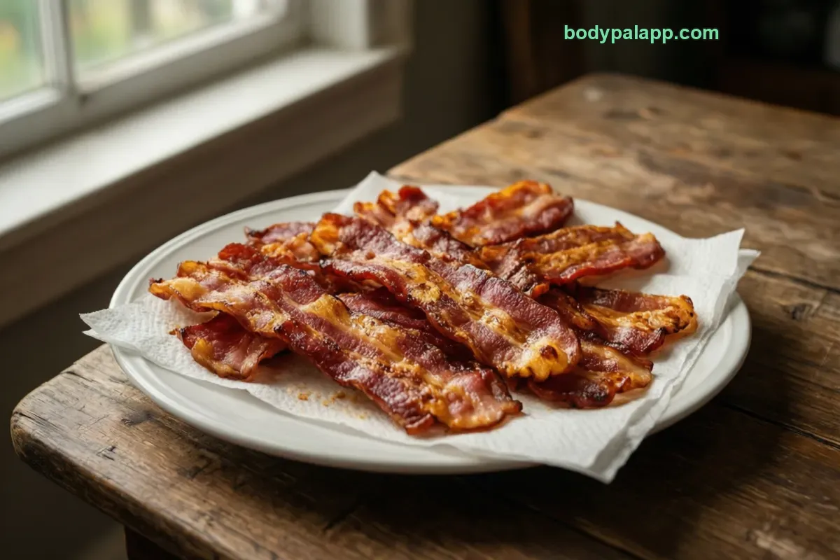 Cooked bacon, pre-sliced, pan-fried